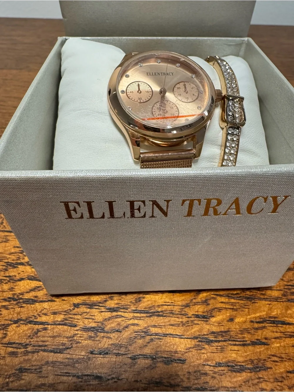 Ellen Tracy Rose Gold Watch with Crystal Accent Bracelet Set